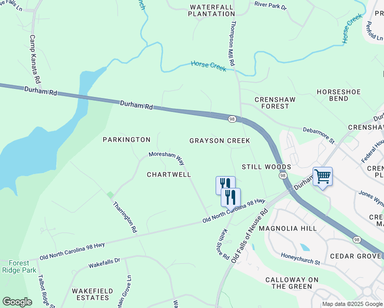 map of restaurants, bars, coffee shops, grocery stores, and more near 7017 Moresham Way in Wake Forest