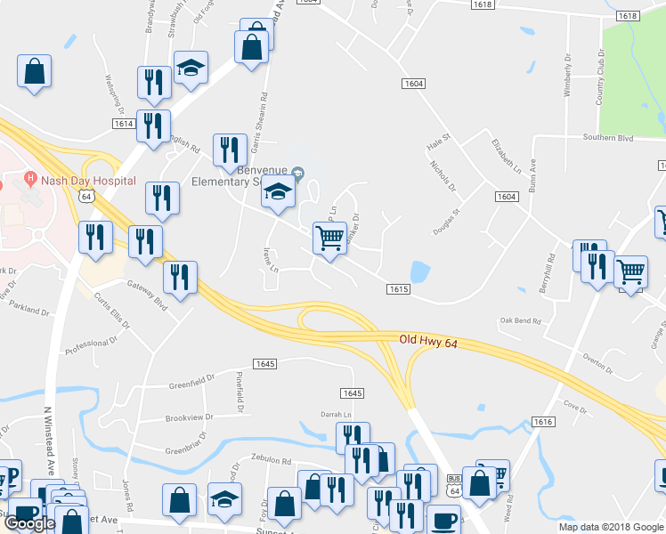 map of restaurants, bars, coffee shops, grocery stores, and more near 2499 Sexton Road in Rocky Mount