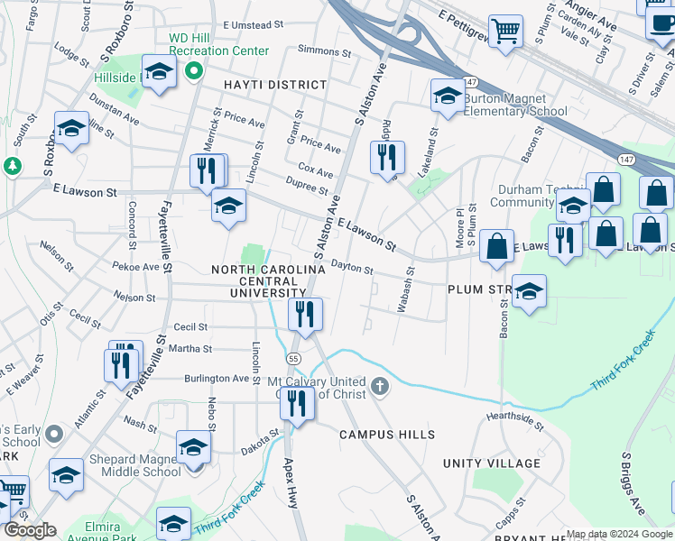 map of restaurants, bars, coffee shops, grocery stores, and more near 1405 Rosewood Street in Durham