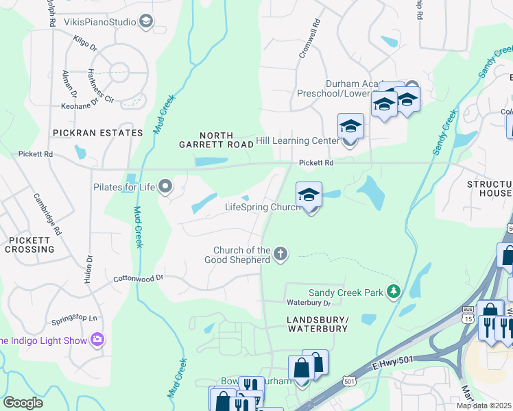 map of restaurants, bars, coffee shops, grocery stores, and more near 3503 Cedarbird Way in Durham