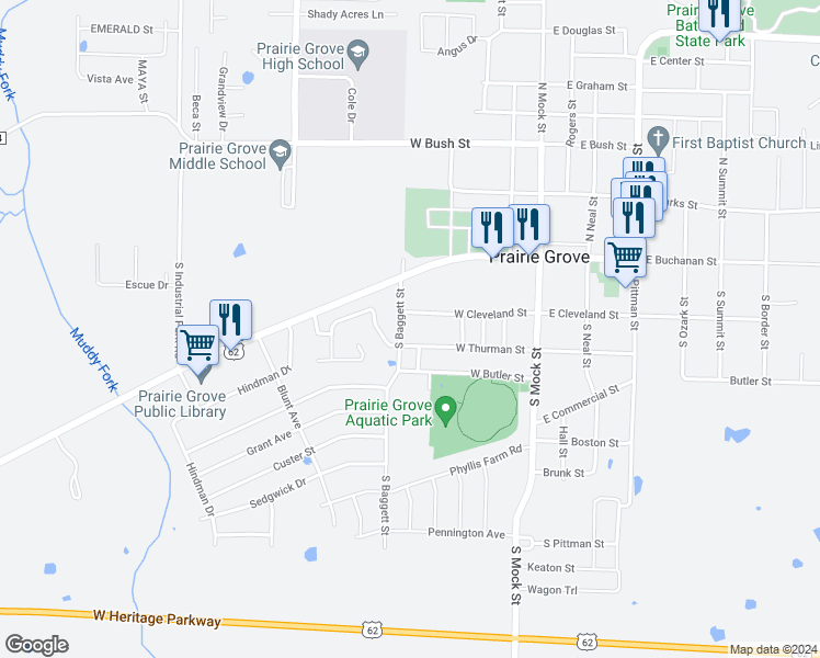 map of restaurants, bars, coffee shops, grocery stores, and more near 504 Westwood Avenue in Prairie Grove