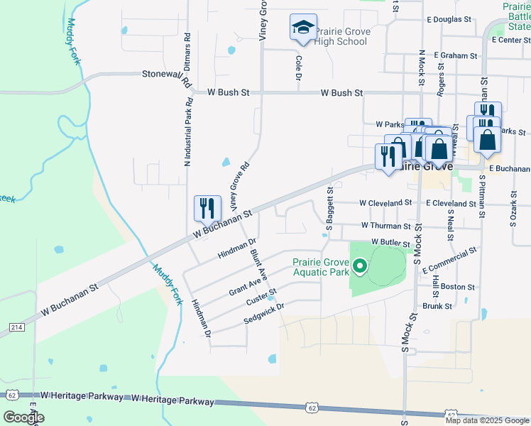 map of restaurants, bars, coffee shops, grocery stores, and more near 108 Cypress Street in Prairie Grove