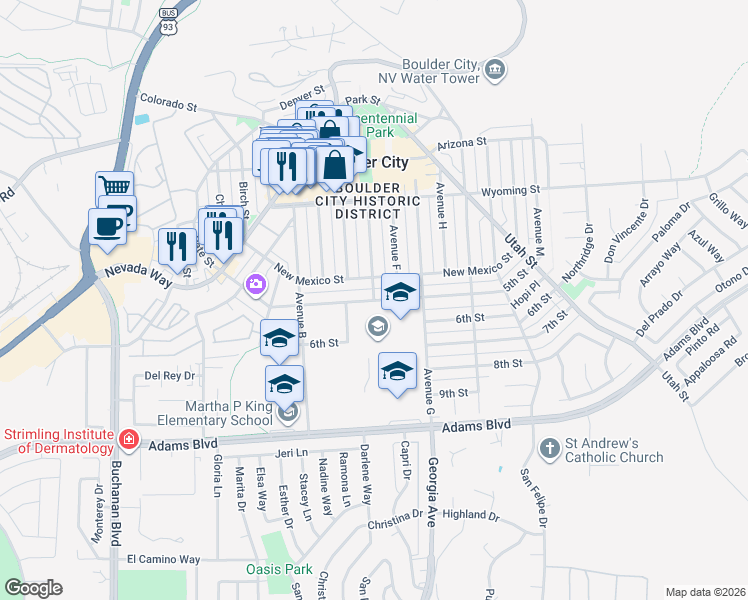map of restaurants, bars, coffee shops, grocery stores, and more near 5th Street in Boulder City
