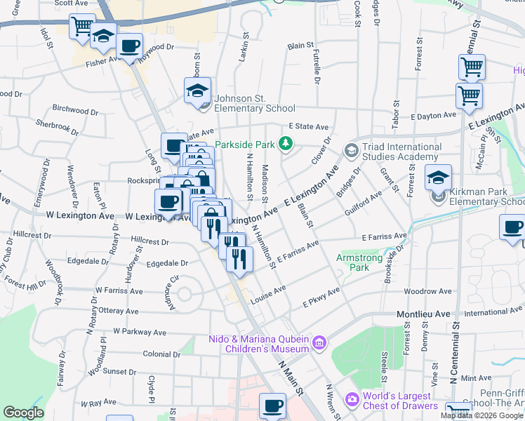 map of restaurants, bars, coffee shops, grocery stores, and more near 1320 North Hamilton Street in High Point