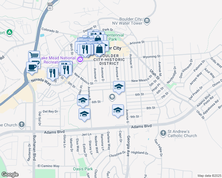 map of restaurants, bars, coffee shops, grocery stores, and more near 5th Street in Boulder City