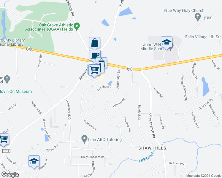 map of restaurants, bars, coffee shops, grocery stores, and more near 202 Oakchest Court in Durham