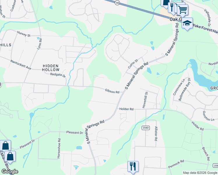 map of restaurants, bars, coffee shops, grocery stores, and more near 3610 Gibson Road in Durham