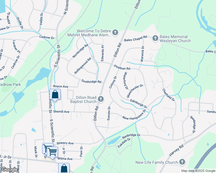 map of restaurants, bars, coffee shops, grocery stores, and more near 3119 Colony Drive in Jamestown