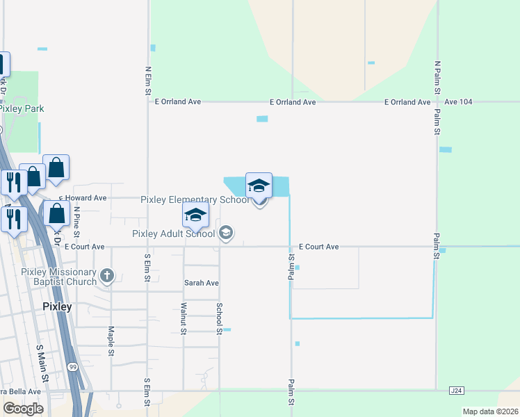 map of restaurants, bars, coffee shops, grocery stores, and more near 300 School Street in Pixley