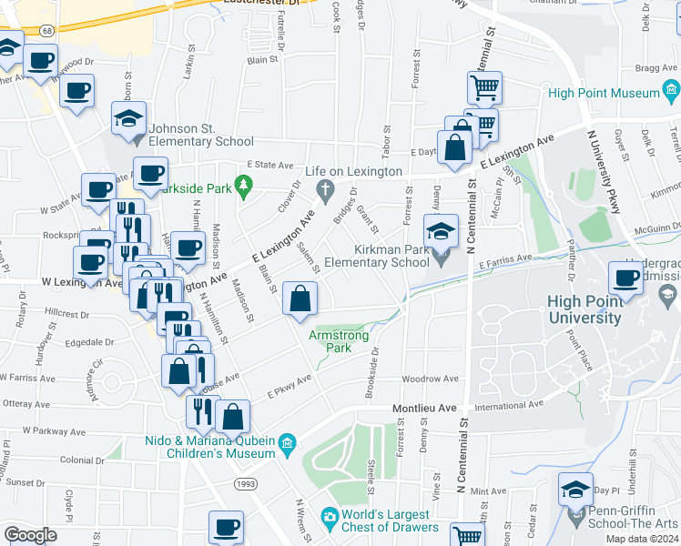 map of restaurants, bars, coffee shops, grocery stores, and more near 837 Howard Place in High Point