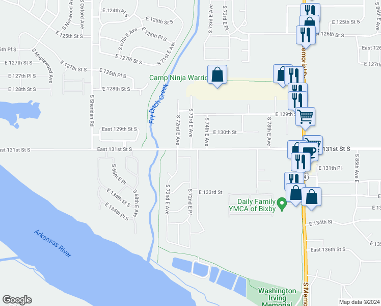 map of restaurants, bars, coffee shops, grocery stores, and more near 7340 East 131st Street South in Bixby