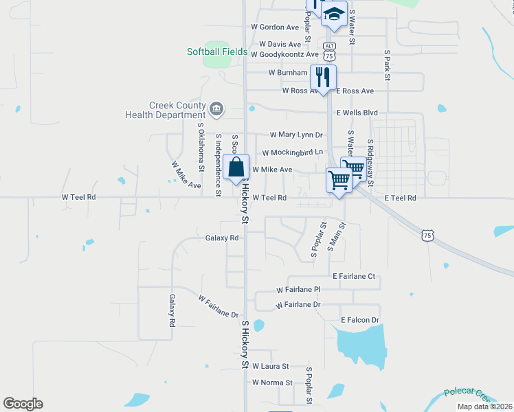 map of restaurants, bars, coffee shops, grocery stores, and more near 2101 South Hickory Street in Sapulpa