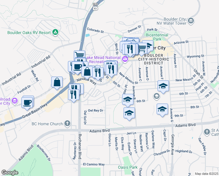 map of restaurants, bars, coffee shops, grocery stores, and more near in Boulder City