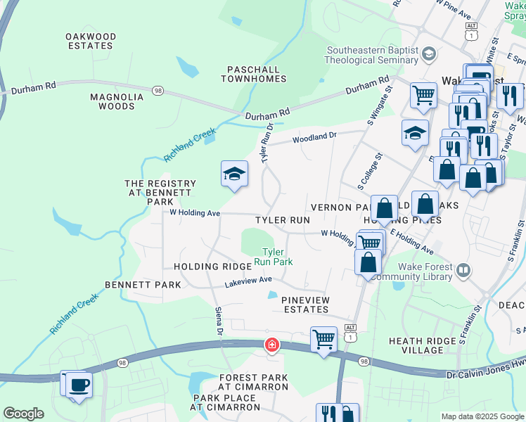 map of restaurants, bars, coffee shops, grocery stores, and more near 504 West Holding Avenue in Wake Forest