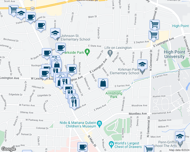 map of restaurants, bars, coffee shops, grocery stores, and more near 1200 Blain Street in High Point