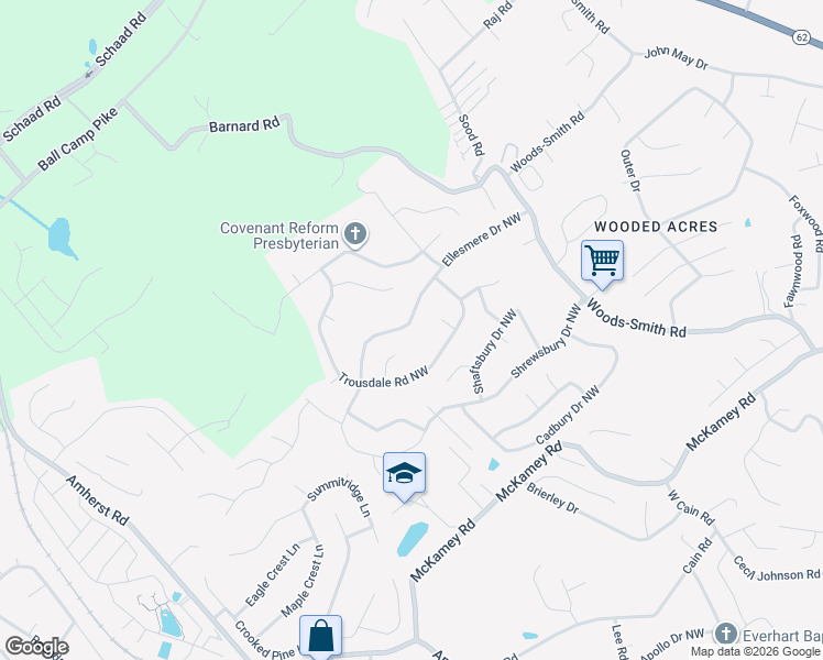map of restaurants, bars, coffee shops, grocery stores, and more near 6528 Ellesmere Drive Northwest in Knoxville