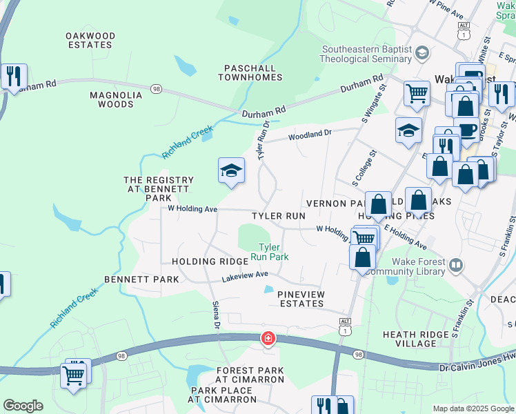map of restaurants, bars, coffee shops, grocery stores, and more near 504 West Holding Avenue in Wake Forest