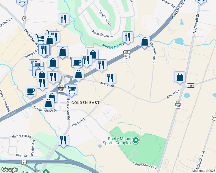 map of restaurants, bars, coffee shops, grocery stores, and more near 1260 Thorpe Road in Rocky Mount
