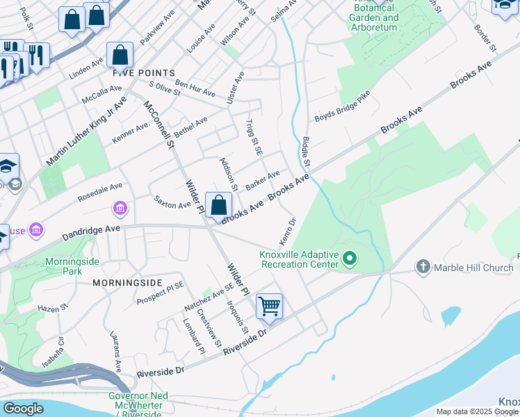 map of restaurants, bars, coffee shops, grocery stores, and more near 2218 Brooks Avenue in Knoxville