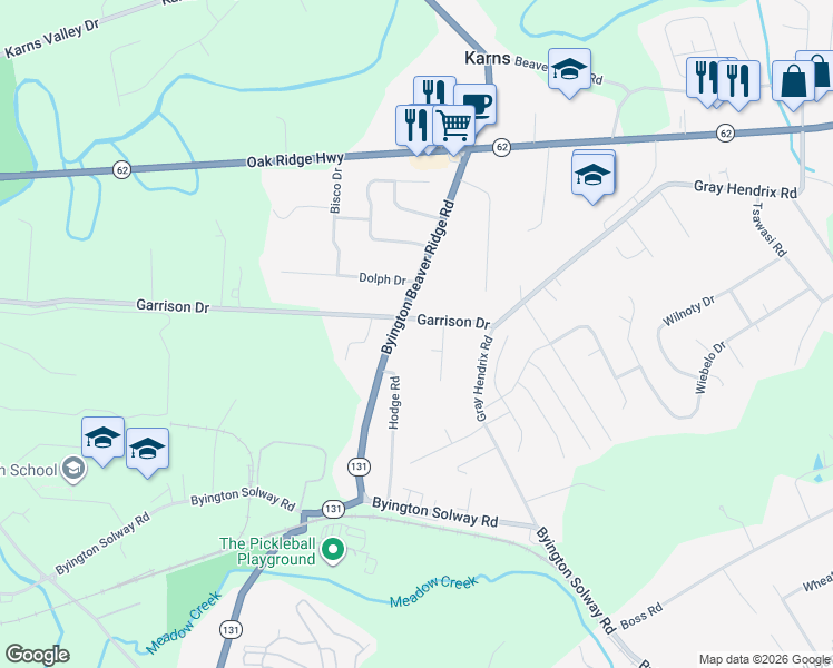 map of restaurants, bars, coffee shops, grocery stores, and more near 8524 Garrison Drive in Knoxville