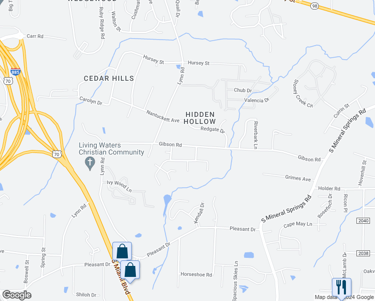 map of restaurants, bars, coffee shops, grocery stores, and more near 3128 Gibson Road in Durham