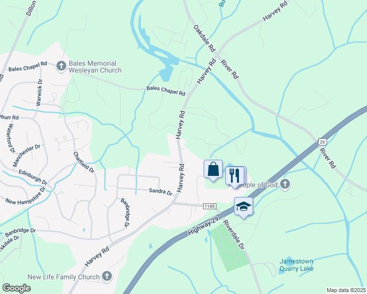 map of restaurants, bars, coffee shops, grocery stores, and more near 5035 Harvey Road in Jamestown
