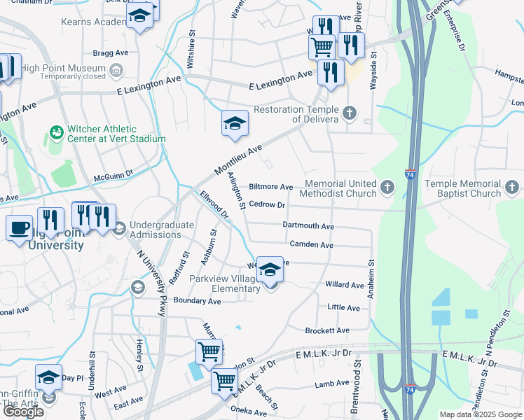 map of restaurants, bars, coffee shops, grocery stores, and more near 1115 Dartmouth Avenue in High Point