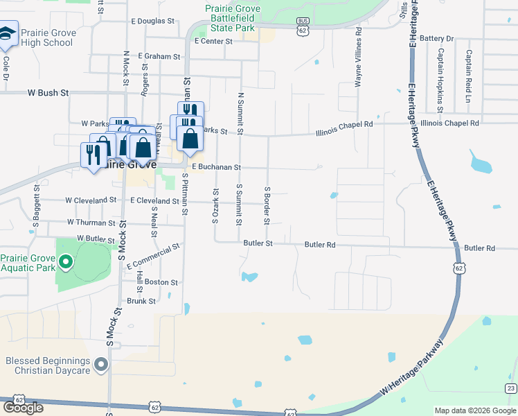 map of restaurants, bars, coffee shops, grocery stores, and more near 209 South Summit Street in Prairie Grove