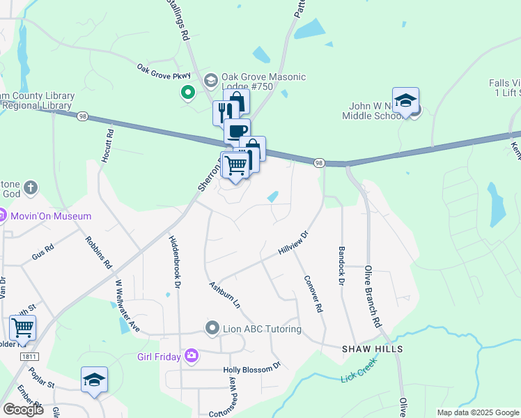 map of restaurants, bars, coffee shops, grocery stores, and more near 112 Oakchest Court in Durham