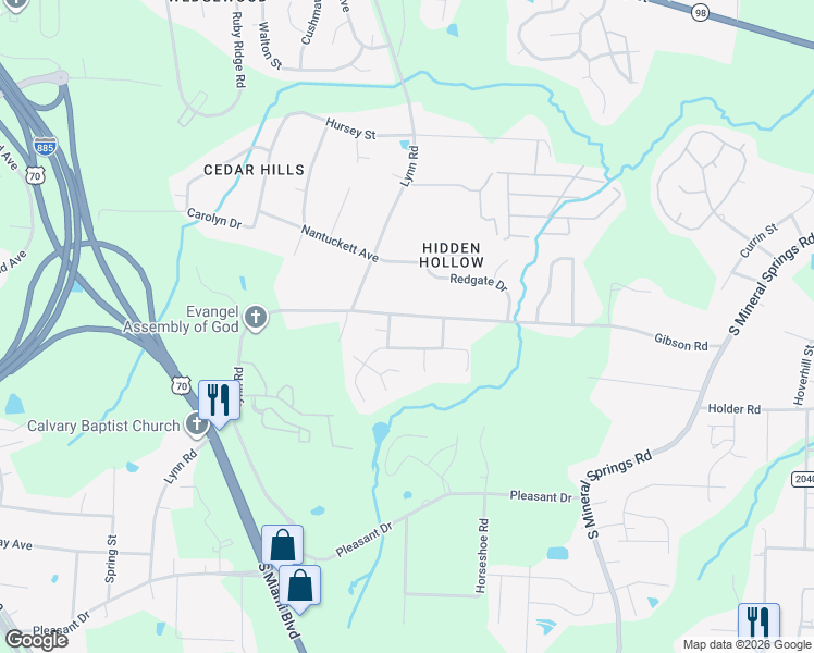 map of restaurants, bars, coffee shops, grocery stores, and more near 3109 Forrestal Drive in Durham