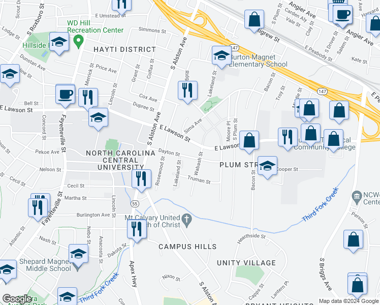 map of restaurants, bars, coffee shops, grocery stores, and more near 1405 Lakeland Street in Durham