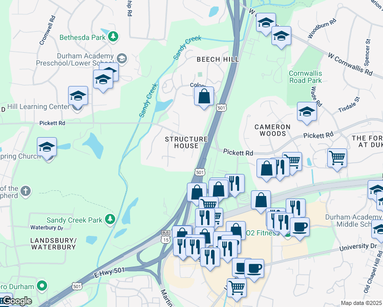 map of restaurants, bars, coffee shops, grocery stores, and more near 3007 Pickett Road in Durham