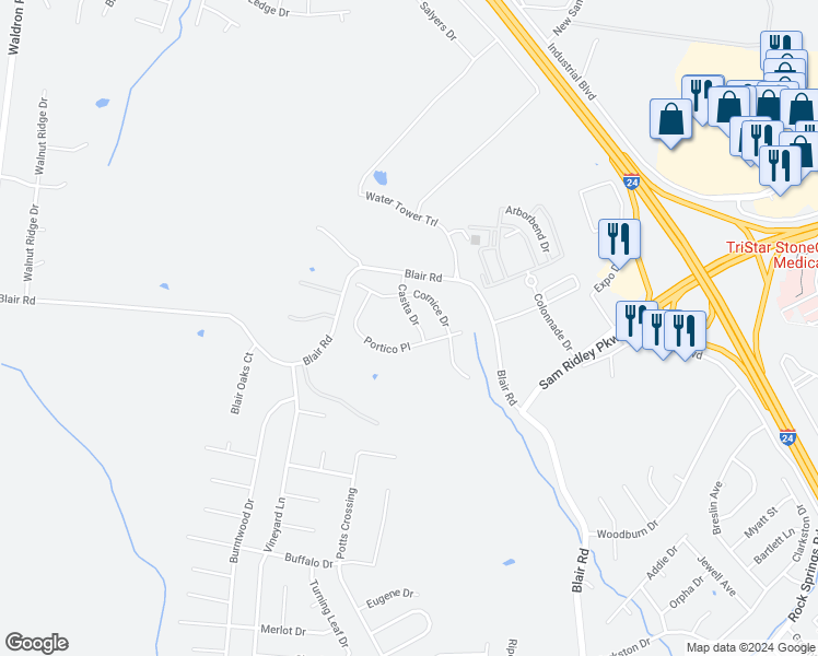 map of restaurants, bars, coffee shops, grocery stores, and more near 330 Blair Road in La Vergne