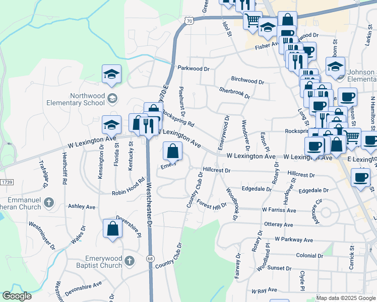 map of restaurants, bars, coffee shops, grocery stores, and more near 708 Hillcrest Drive in High Point