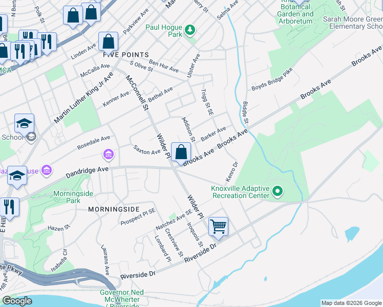 map of restaurants, bars, coffee shops, grocery stores, and more near 2200 Brooks Avenue in Knoxville