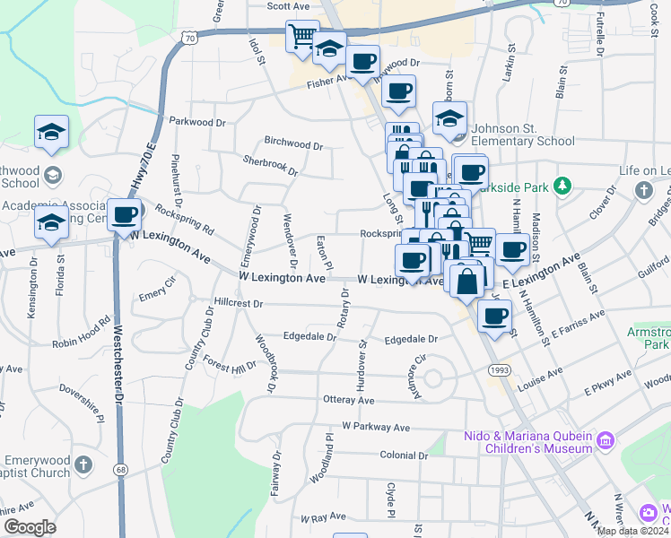 map of restaurants, bars, coffee shops, grocery stores, and more near 1300 Eaton Place in High Point