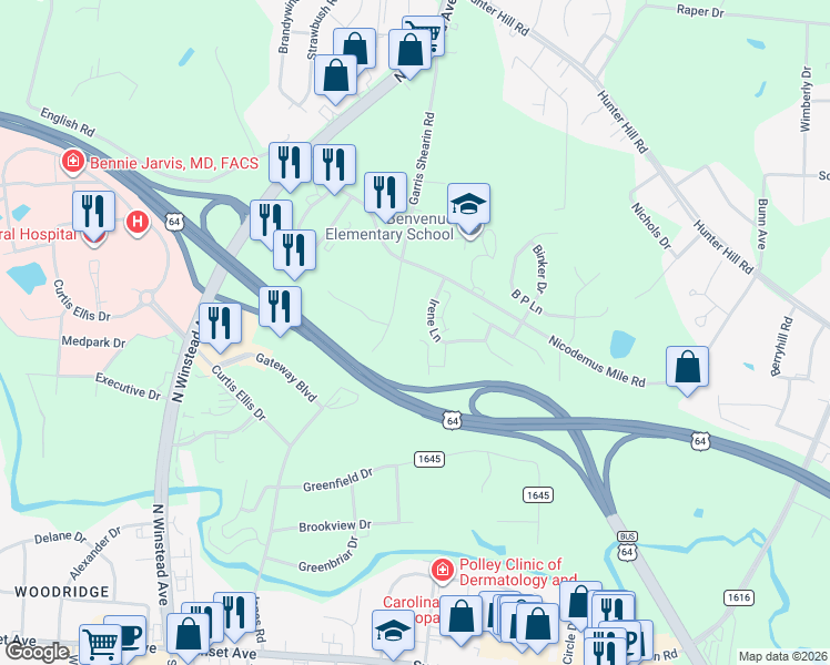 map of restaurants, bars, coffee shops, grocery stores, and more near 159 Irene Court in Rocky Mount