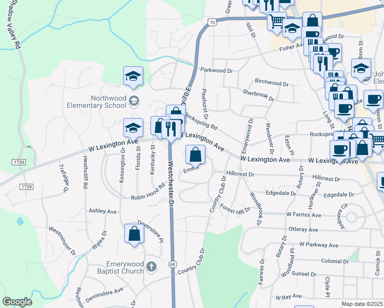 map of restaurants, bars, coffee shops, grocery stores, and more near 811 Hillcrest Drive in High Point