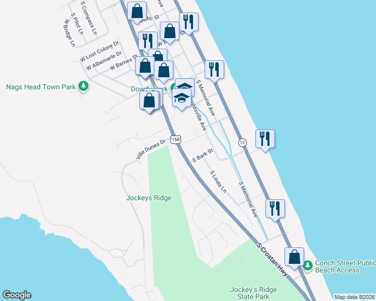 map of restaurants, bars, coffee shops, grocery stores, and more near 3301 South Croatan Highway in Nags Head