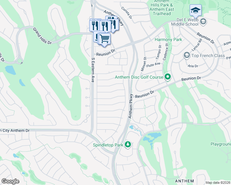 map of restaurants, bars, coffee shops, grocery stores, and more near 2545 Shellsburg Avenue in Henderson