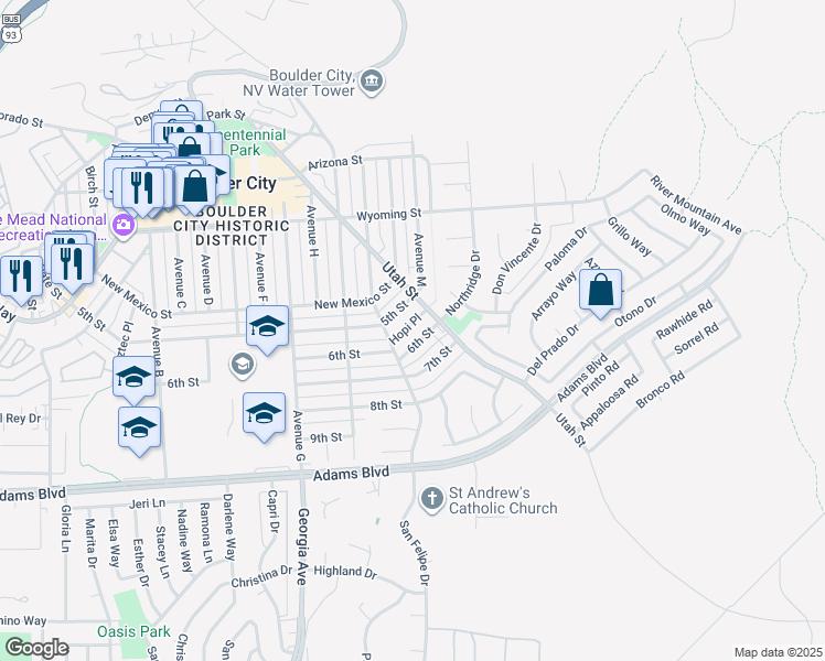 map of restaurants, bars, coffee shops, grocery stores, and more near 525 Hopi Place in Boulder City