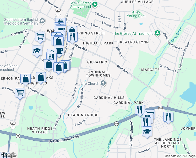 map of restaurants, bars, coffee shops, grocery stores, and more near 644 Cala Lilly Lane in Wake Forest
