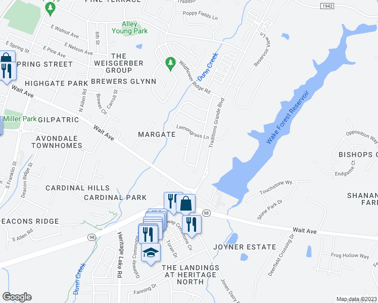 map of restaurants, bars, coffee shops, grocery stores, and more near 216 Traditions Garden Lane in Wake Forest