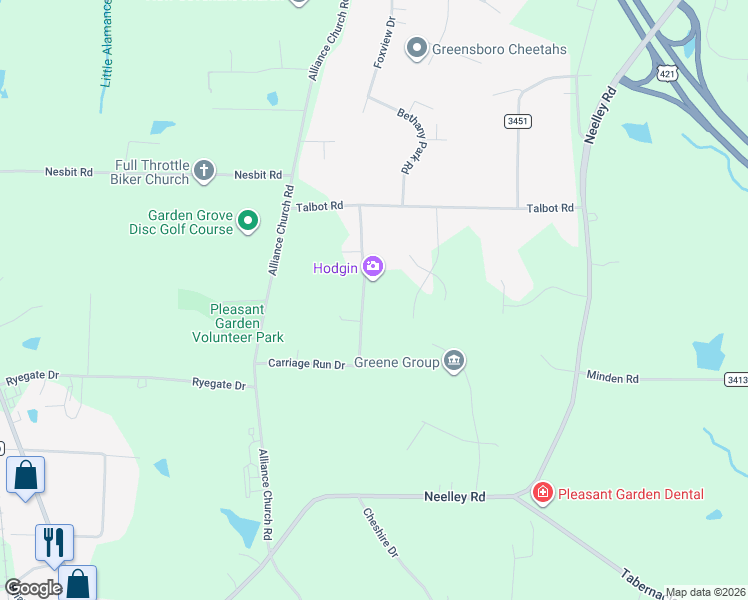 map of restaurants, bars, coffee shops, grocery stores, and more near 5403 Running Mead Road in Pleasant Garden
