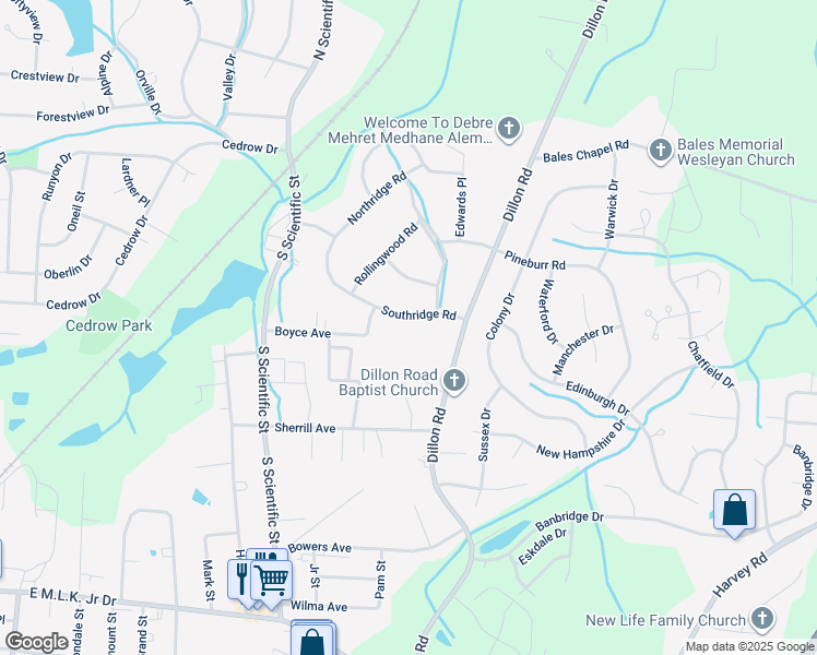 map of restaurants, bars, coffee shops, grocery stores, and more near 3151 Dillon Road in Jamestown
