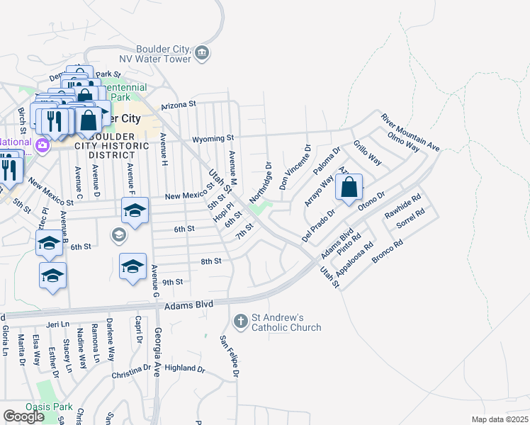 map of restaurants, bars, coffee shops, grocery stores, and more near 1105 Endora Way in Boulder City