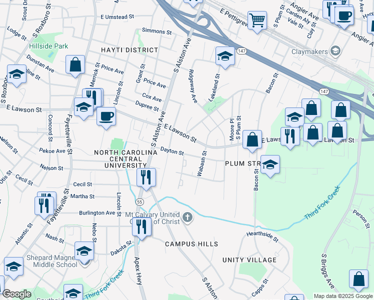 map of restaurants, bars, coffee shops, grocery stores, and more near 1405 Lakeland Street in Durham