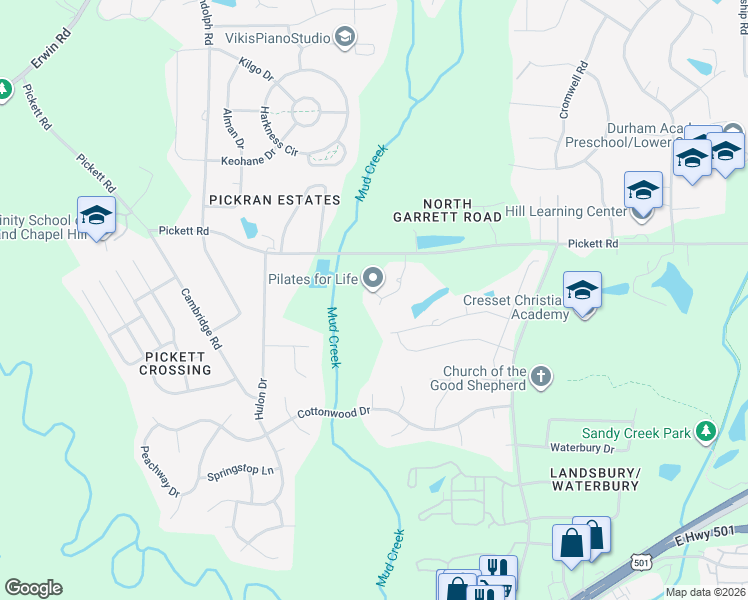 map of restaurants, bars, coffee shops, grocery stores, and more near 3501 Pickett Road in Durham