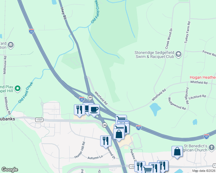 map of restaurants, bars, coffee shops, grocery stores, and more near 7116 Dumfries Lane in Chapel Hill