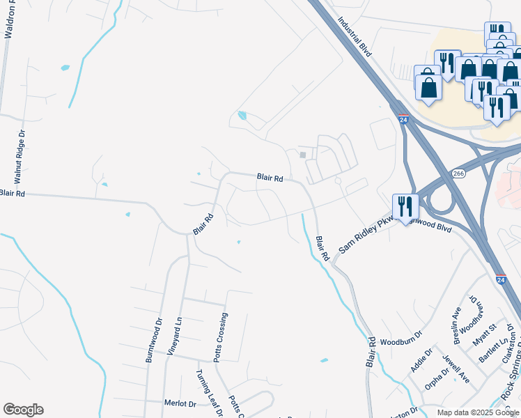 map of restaurants, bars, coffee shops, grocery stores, and more near 330 Blair Road in La Vergne